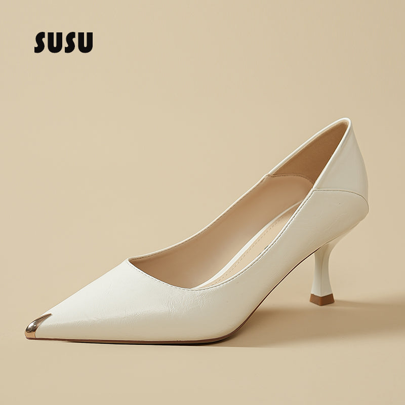Metal Toe Cap Black High Heels Women 6cm Professional High Sense Not Tired Feet Thin Heeled Soft Leather Work 4cm Single Shoes