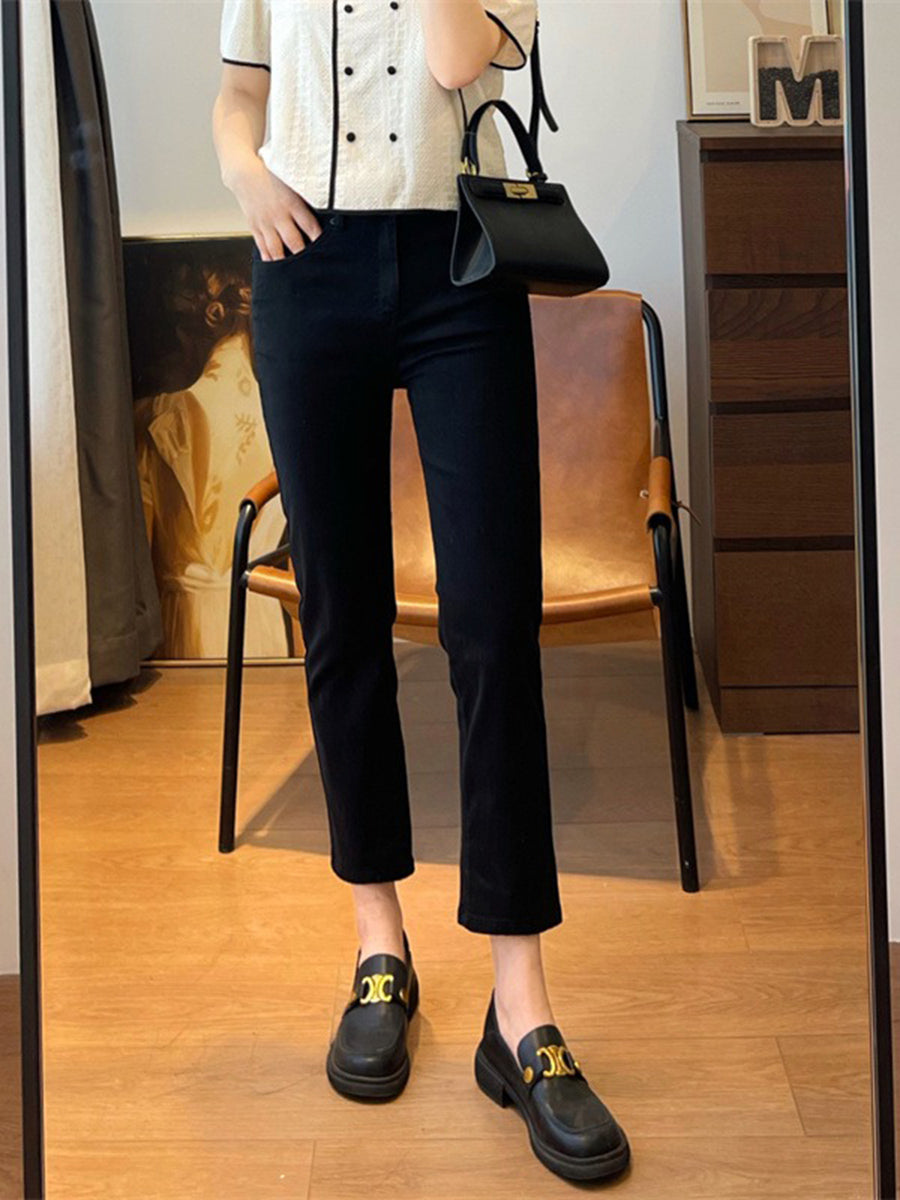 Elastic Silky Loose Soft Pants High Waist Straight Pants Women's Summer Thin Black Leggings Plaid Slim-Fit Cigarette Pants Cropped Pants