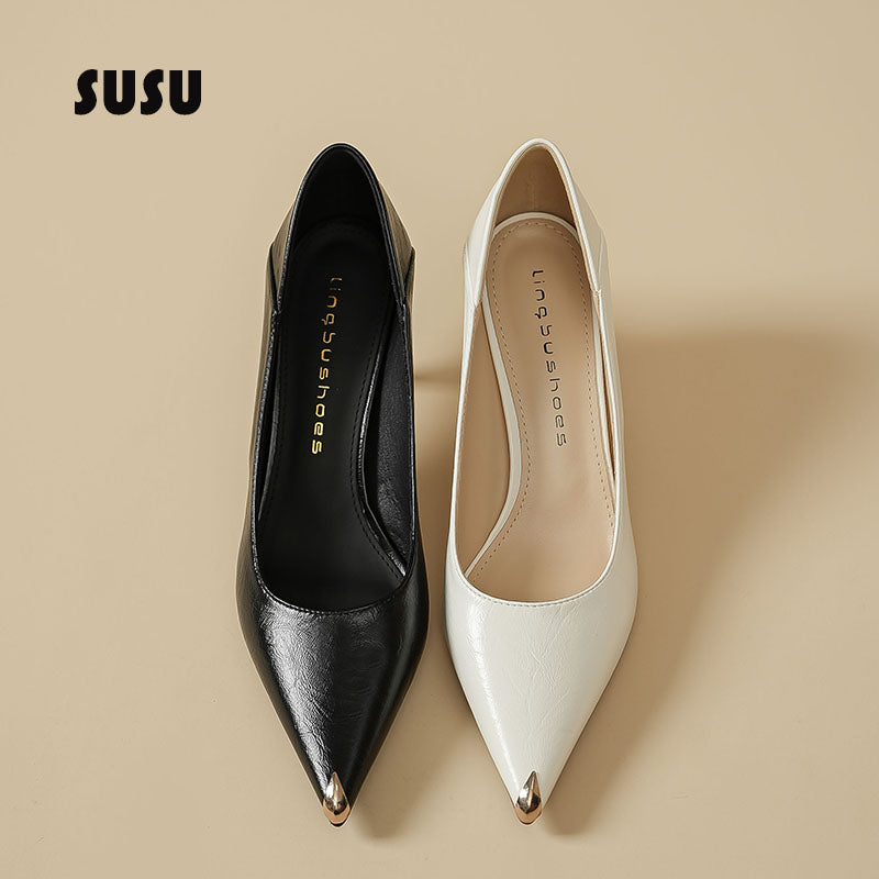 Metal Toe Cap Black High Heels Women 6cm Professional High Sense Not Tired Feet Thin Heeled Soft Leather Work 4cm Single Shoes