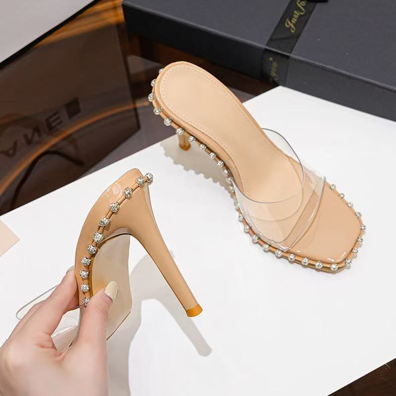 Internet Celebrity New Style One Strap Transparent Sandals Women Square Toe High Heels Sexy Rhinestone Open Toe Thin Heeled Outer Wear Sandals