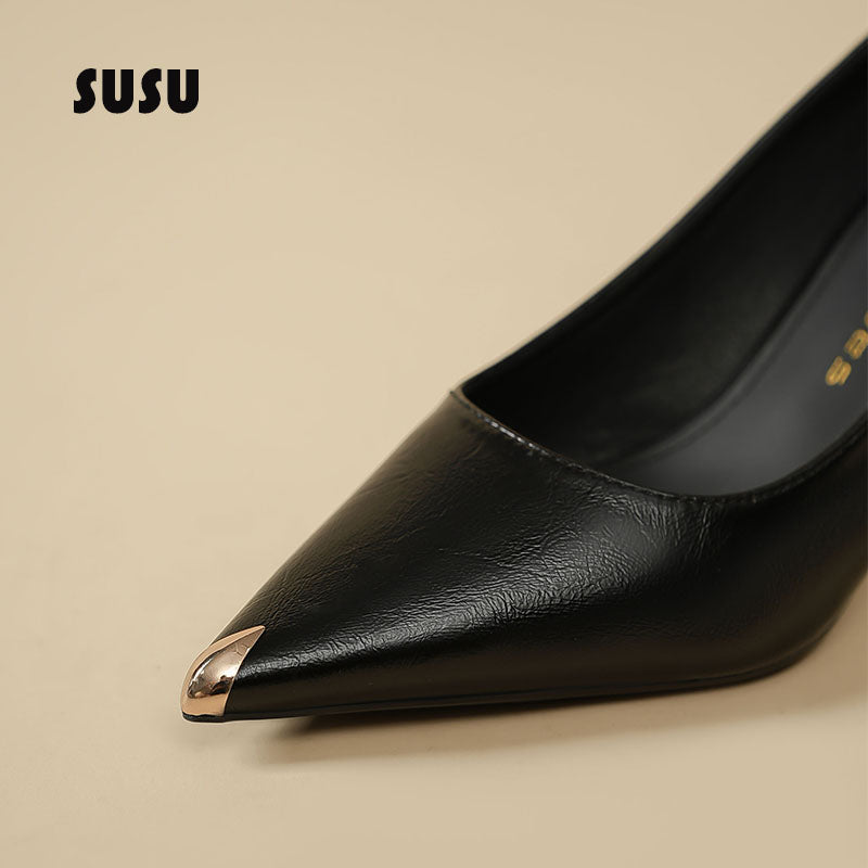 Metal Toe Cap Black High Heels Women 6cm Professional High Sense Not Tired Feet Thin Heeled Soft Leather Work 4cm Single Shoes
