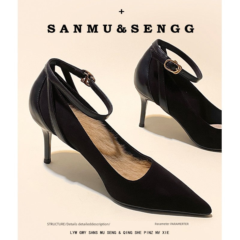 Ankle-Strap High Heels Female Fall and Winter Fleece-lined 2025 New Arrival Flats Black Work Clothing Professional Stiletto Pointed-Toe Shoes