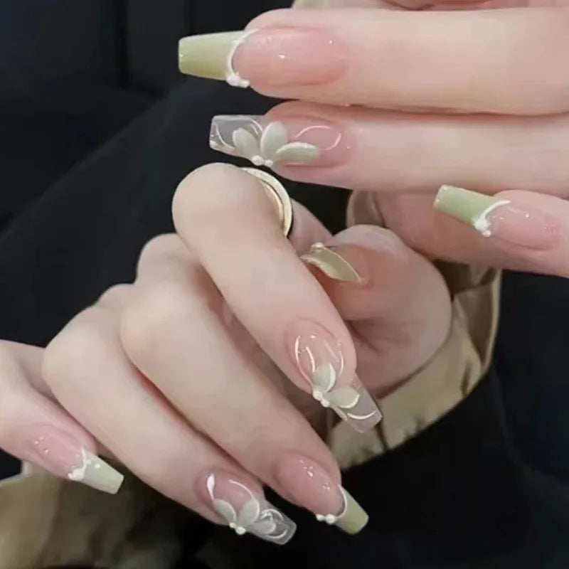 24Pcs/Box Gradient Color Artifical Press On Nails With Glue Long Coffin Fake Nails Lovely Girls Nail Art Ballerina False Nails