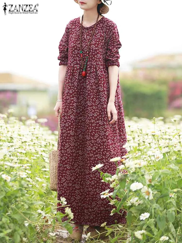 ZANZEABohemian Holiday Sundress Floral Printed Maxi Long Dress Women Summer O Neck Long Sleeve Dresses Vintage Robe Vestidos