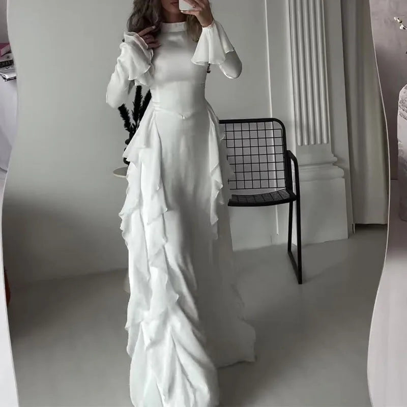 Elegant Women's O-neck Ruffled Slim Long Dress Autumn Flared Sleeves Solid Casual Dress New Temperament High Waist Banquet Dress