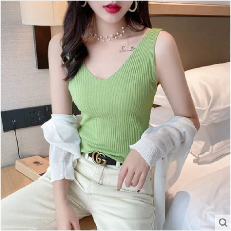 V-neck Knitted Ice Silk Sleeveless Top Thin Vest Knit Slim Fit Tank Top Sexy Female Camisole Women Clothing Spring Summer Fall