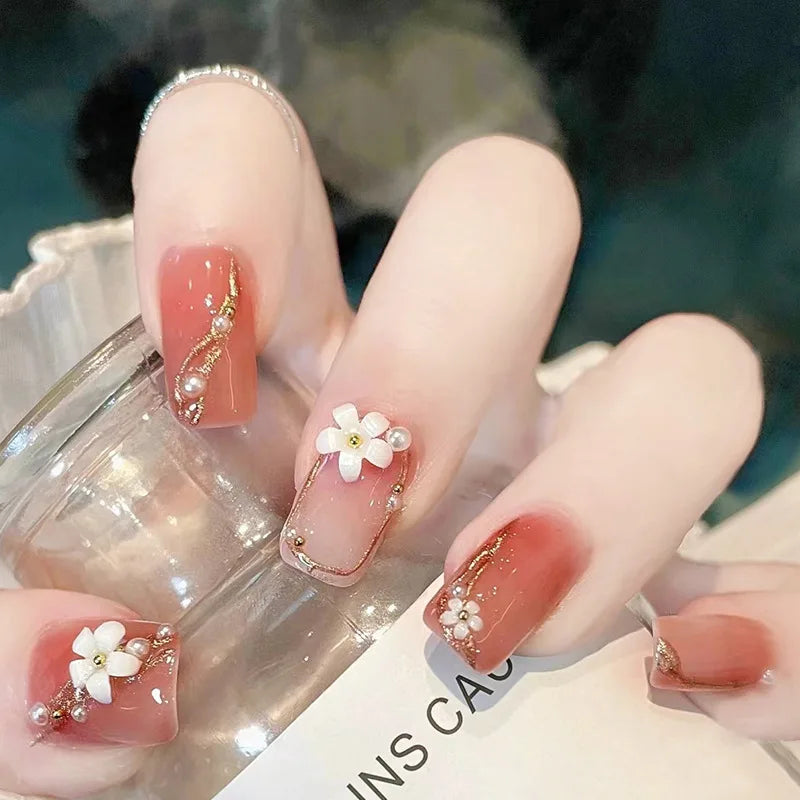 24Pcs/Box Gradient Color Artifical Press On Nails With Glue Long Coffin Fake Nails Lovely Girls Nail Art Ballerina False Nails