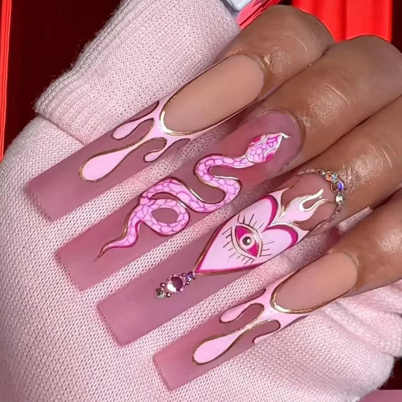 24Pcs Leopard Print Design False Nails with Bow Rhinestone Long Square Press on Nails Wearable French Ballet Fake Nail Tips