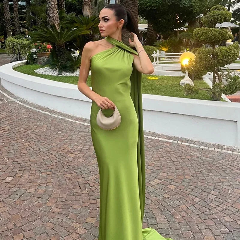 Elegant Satin Halter Slim Long Dress With Scarf Women New Sexy Backless Sleeveless Maxi Dresses Summer Lady Party Chic Vestidos