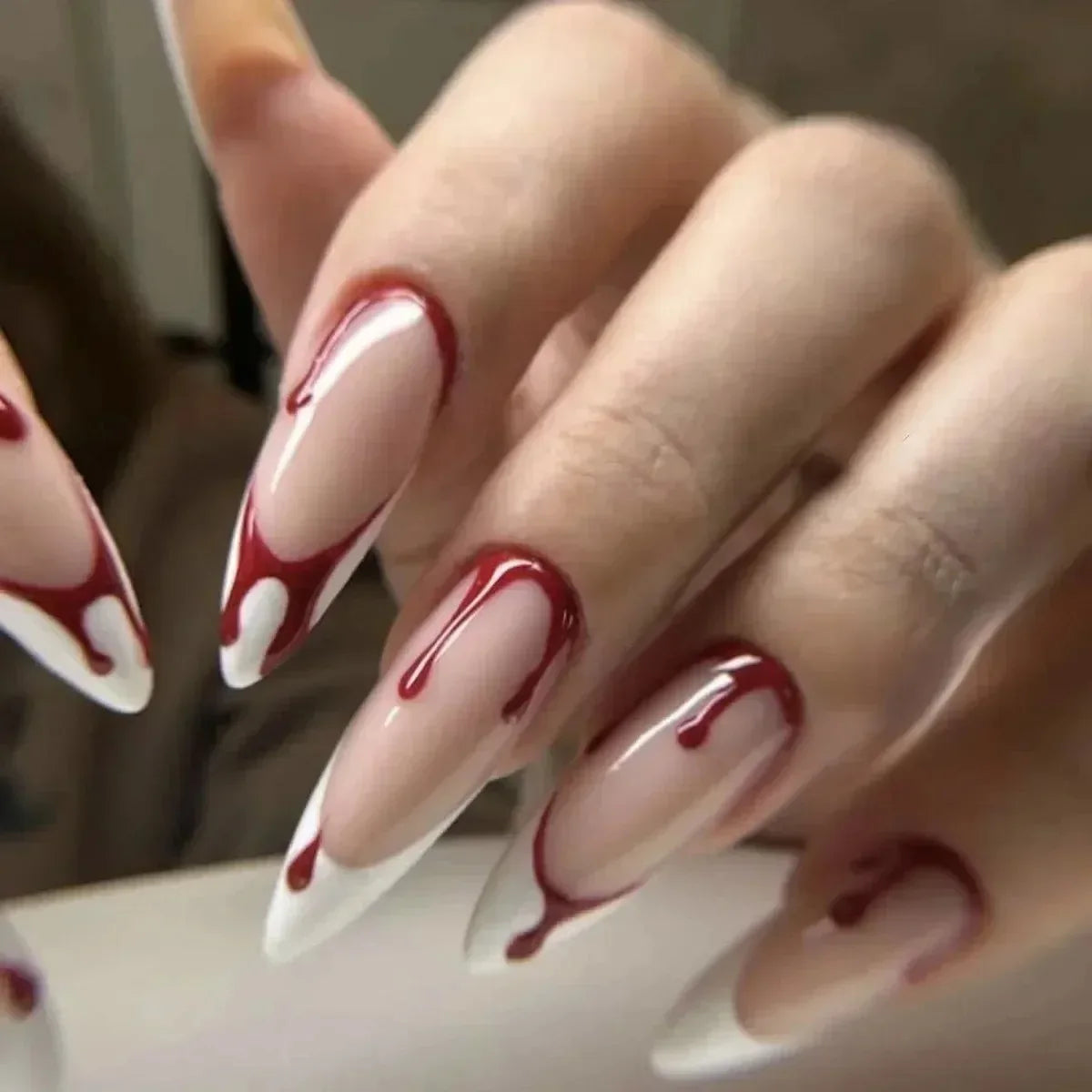 24Pcs Halloween Blood Press on Nails Set Long Coffin Glossy Acrylic Nail Tips Full Cover Ballerina False Nails for Women&Girls