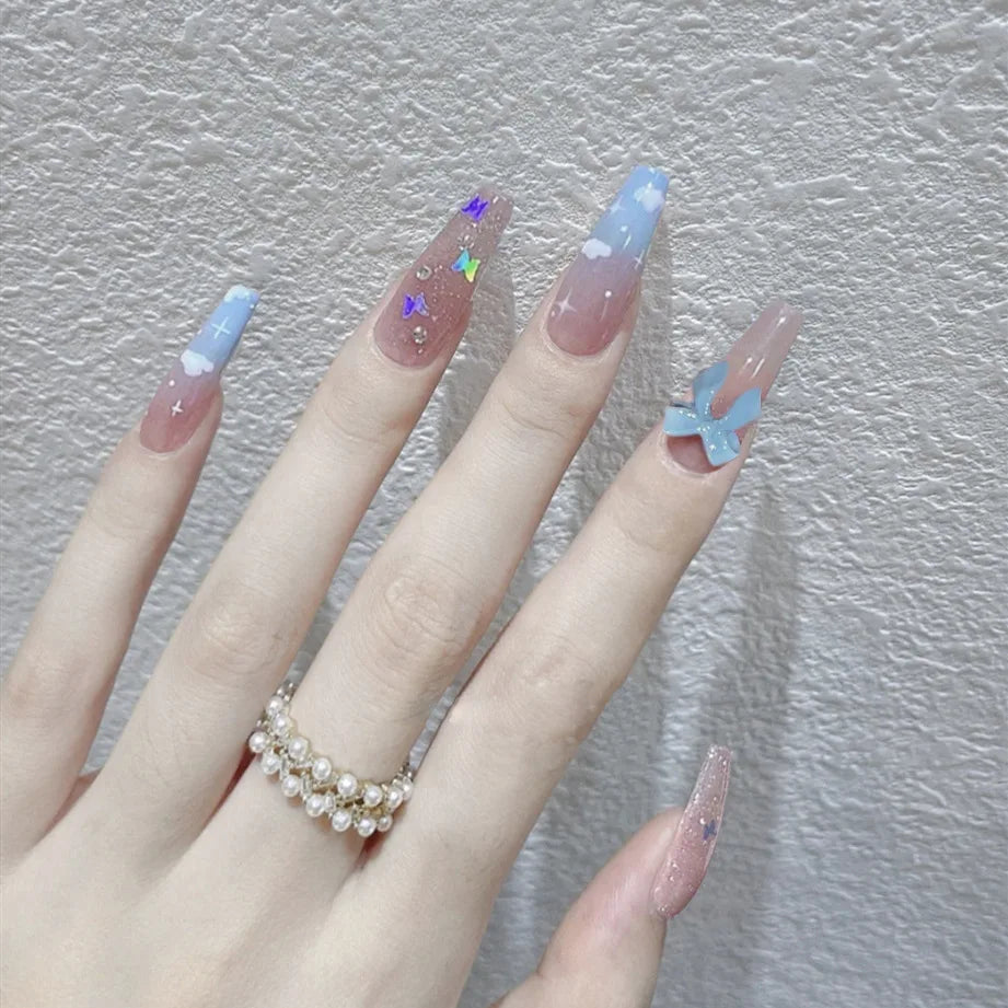 24Pcs/Box Gradient Color Artifical Press On Nails With Glue Long Coffin Fake Nails Lovely Girls Nail Art Ballerina False Nails