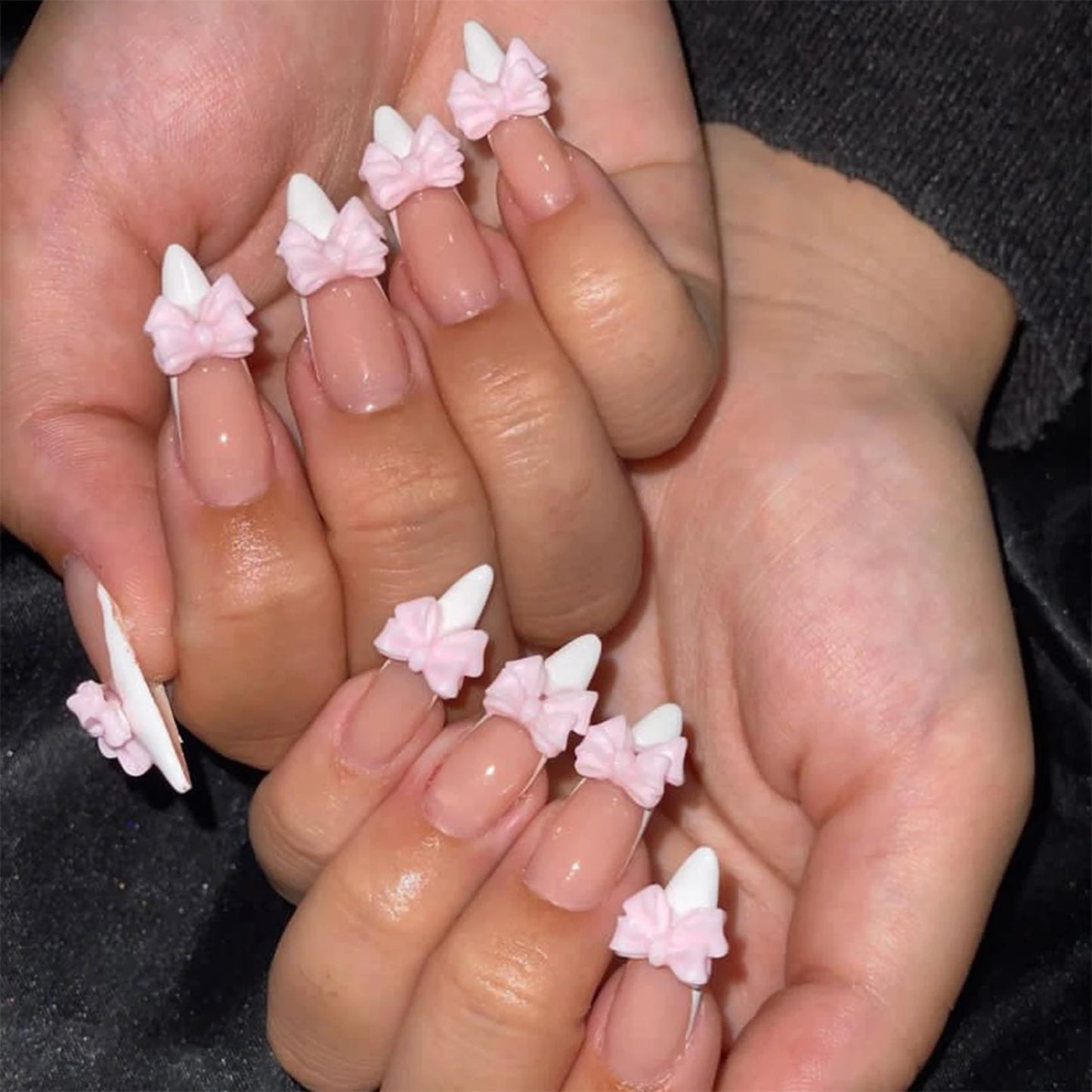 White Bow Decor Fake Nails Long Coffin Ballet False Nail Tips Full Cover Detachable French Pink Sweet Press on Nails for Women