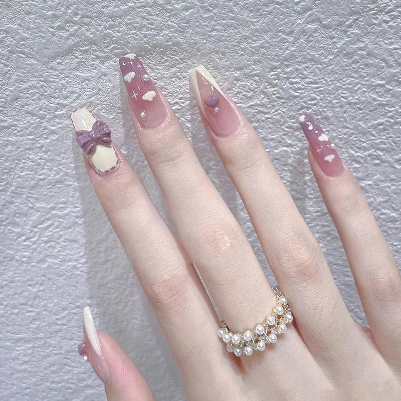 24Pcs/Box Gradient Color Artifical Press On Nails With Glue Long Coffin Fake Nails Lovely Girls Nail Art Ballerina False Nails