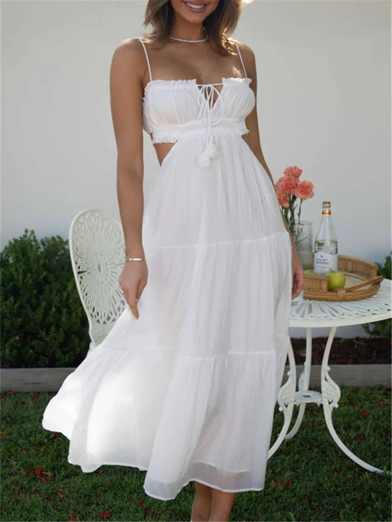 Hirigin Boho Women Summer Casual Long Dress Solid Color Tie-Up Sleeveless Backless Dress Fashion Party Sling Dress