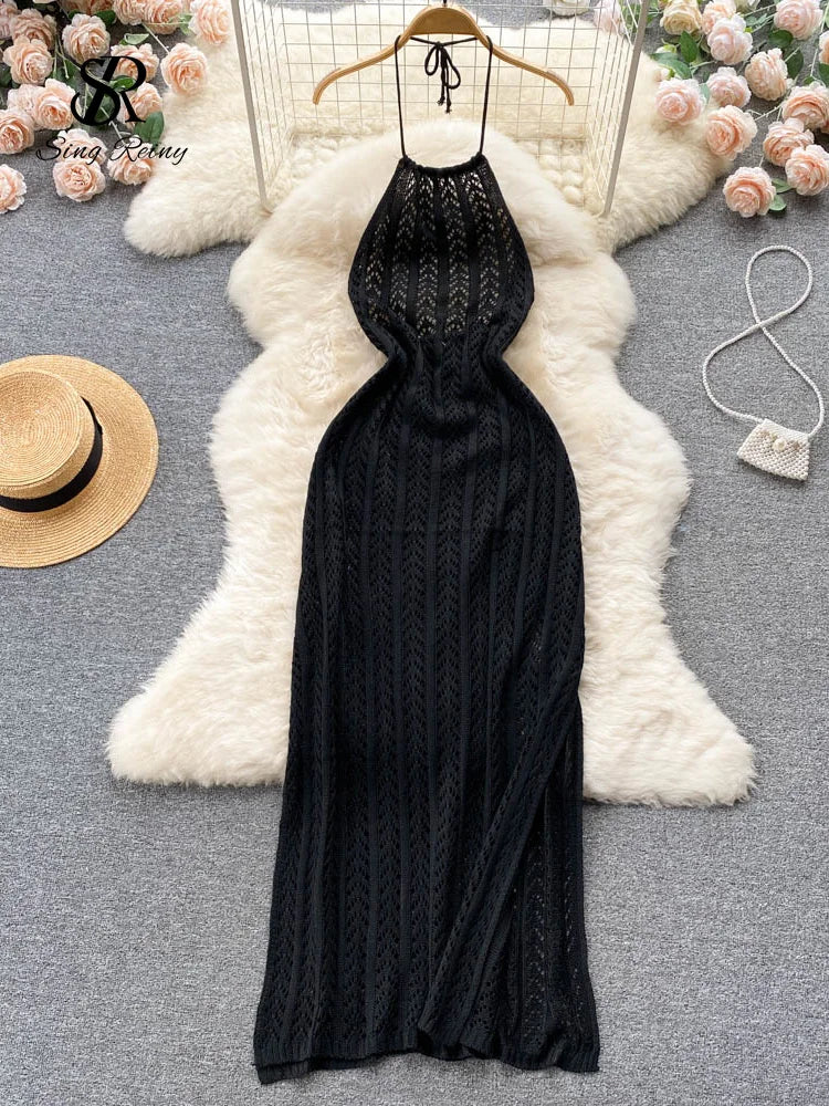 SINGREINY Sexy Backless Knitted Dress Women Halter Sleeveless Hollow Out Split Sundress Korean Vacation Knit Beach Long Dress