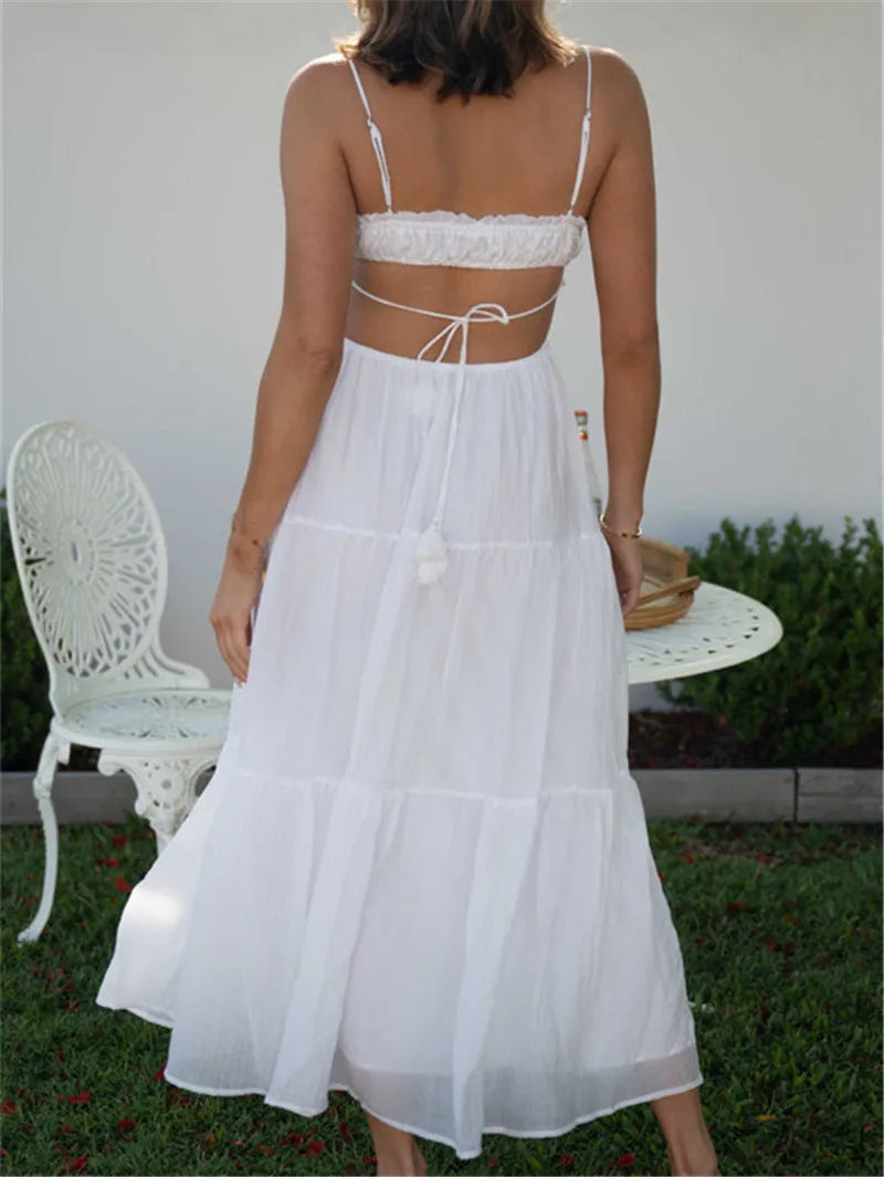 Hirigin Boho Women Summer Casual Long Dress Solid Color Tie-Up Sleeveless Backless Dress Fashion Party Sling Dress