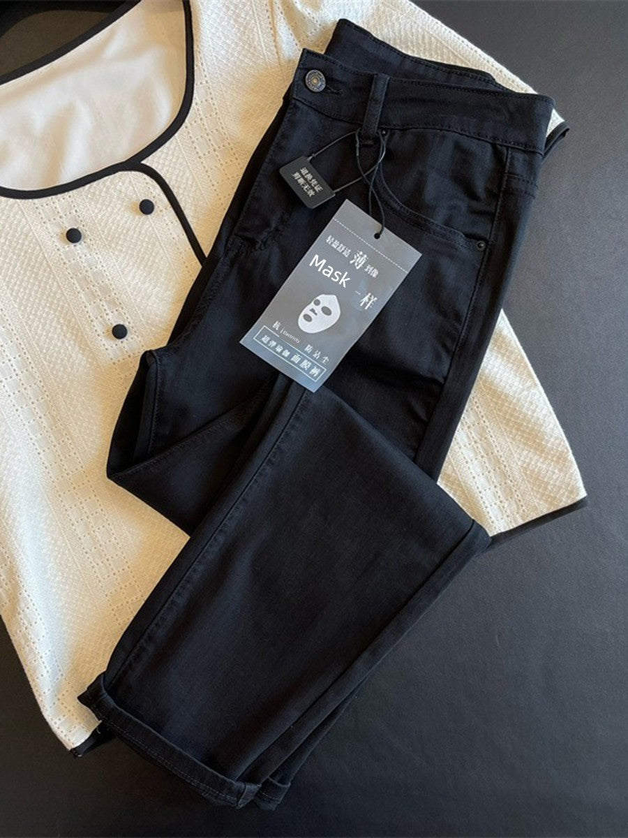 Elastic Silky Loose Soft Pants High Waist Straight Pants Women's Summer Thin Black Leggings Plaid Slim-Fit Cigarette Pants Cropped Pants