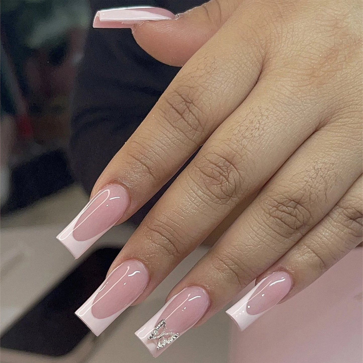 White Bow Decor Fake Nails Long Coffin Ballet False Nail Tips Full Cover Detachable French Pink Sweet Press on Nails for Women