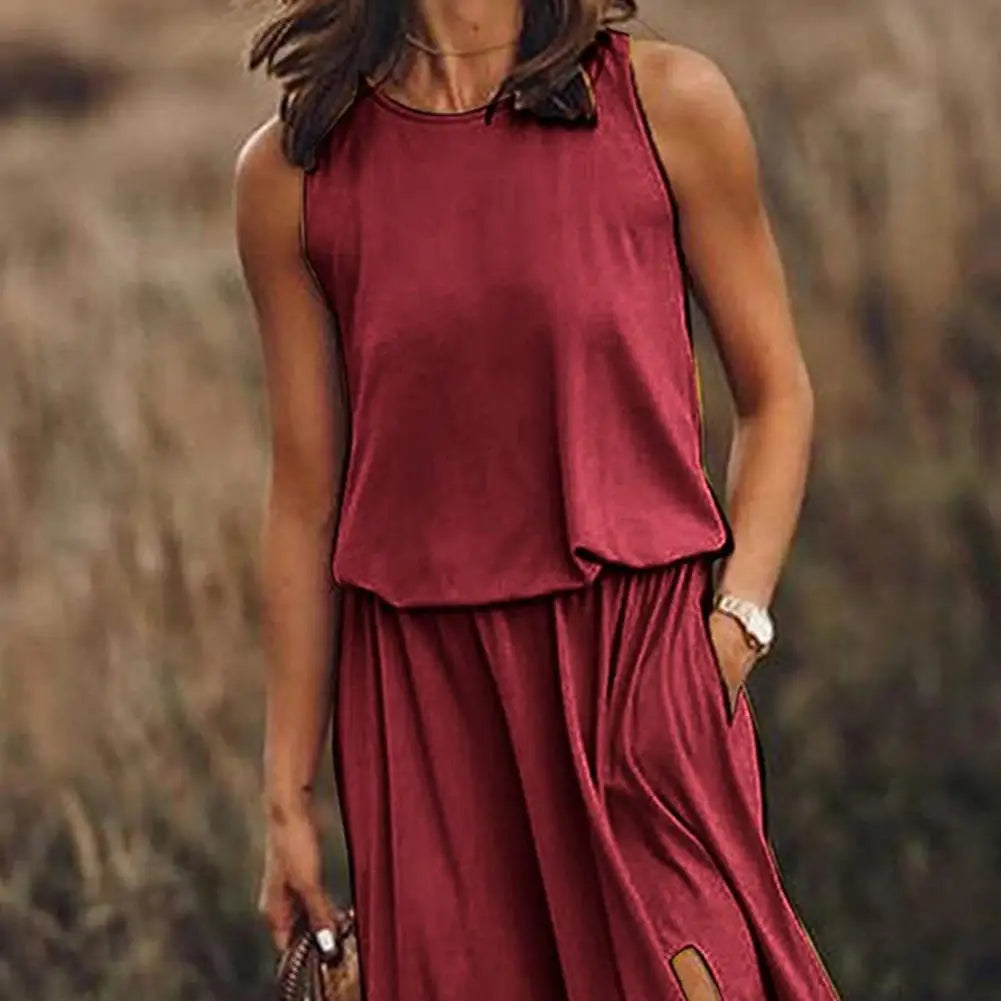 Long Dress Sleeveless Round Neck Solid Color Breathable Friendly to Skin Polyester Women Casual Maxi Dress Summer Sundress