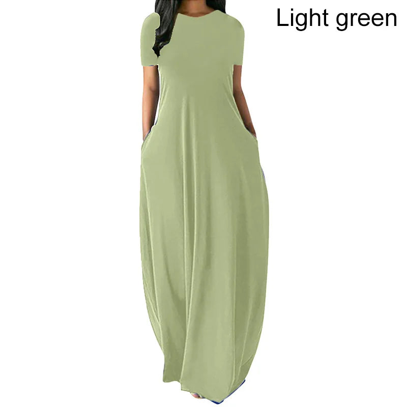 Women’s Oversize Long Dress Casual Solid Color O-Neck Pockets Summer Dress Female Plus Size Short Sleeve High Waist Maxi Dresses