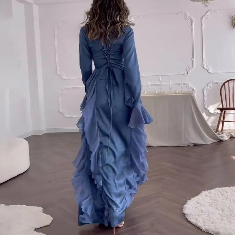 Elegant Women's O-neck Ruffled Slim Long Dress Autumn Flared Sleeves Solid Casual Dress New Temperament High Waist Banquet Dress