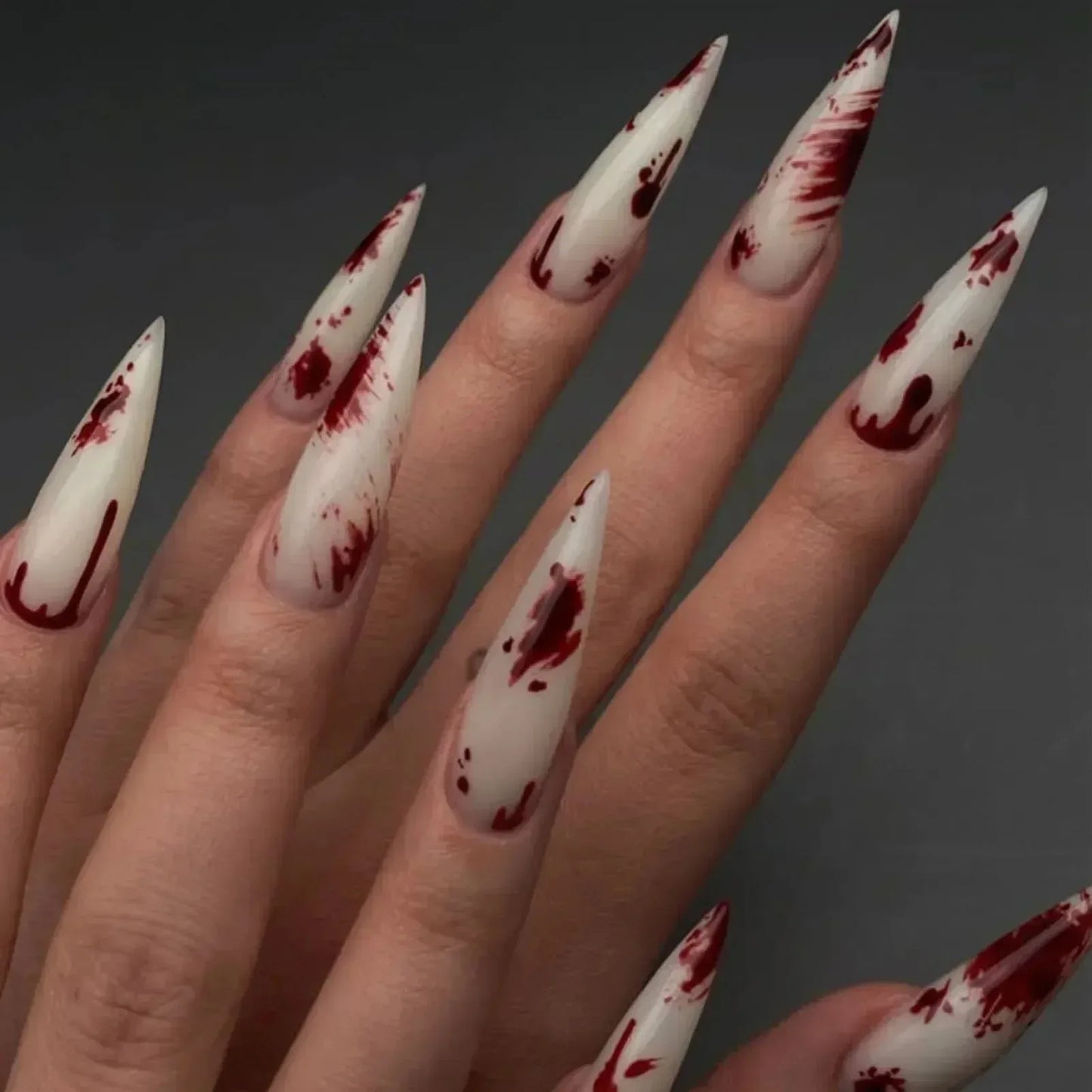 24Pcs Halloween Blood Press on Nails Set Long Coffin Glossy Acrylic Nail Tips Full Cover Ballerina False Nails for Women&Girls