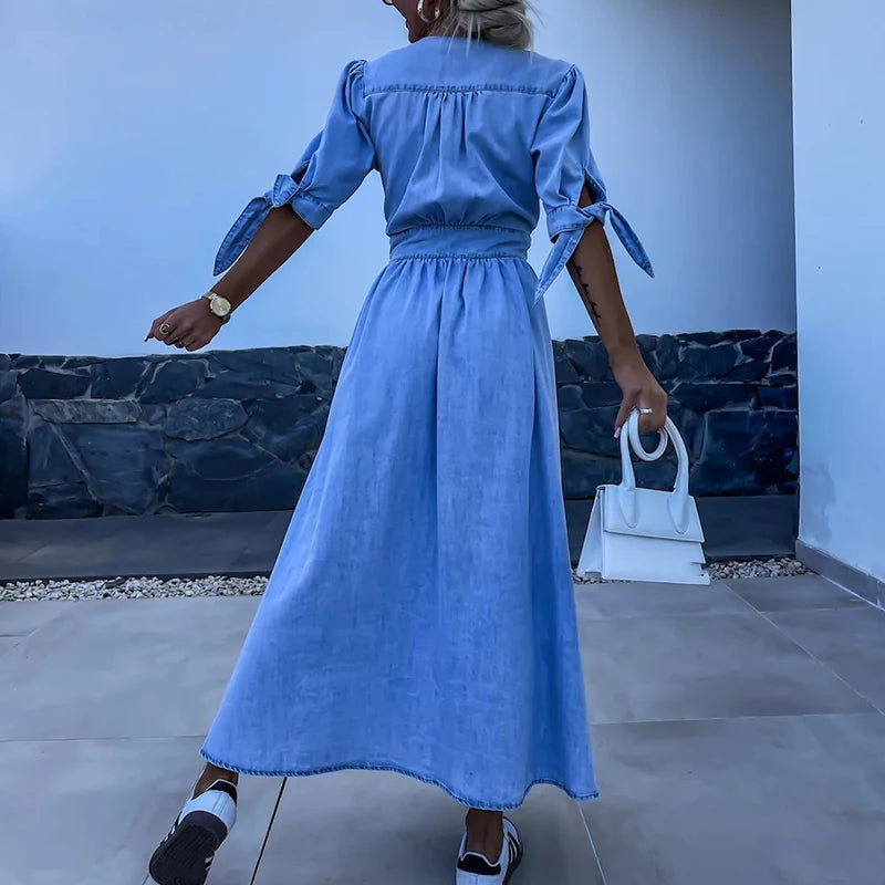Female Solid Color V Neck Single Breasted Dress Elegant High Waist Denim Long Dress Summer Spring Half Sleeve Tie-up Shirt Dress