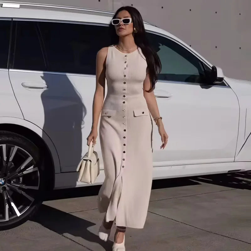 Elegant Sleeveless Single-breasted Ribbed Sweaters Long Dress for Women High Waist Bodycon Knitted Fake Pocket Dress New