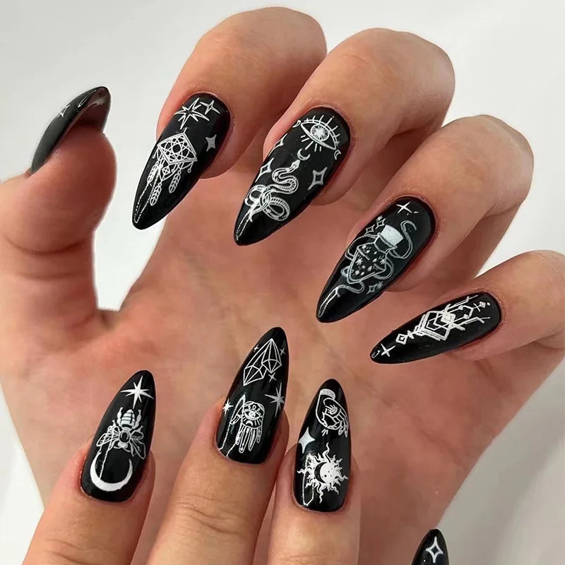 24Pcs Halloween Ghost Press on Nails Personalized Cobweb Pattern Teardrop Nails Full Cover False Nail for Women&Girls Party Wear