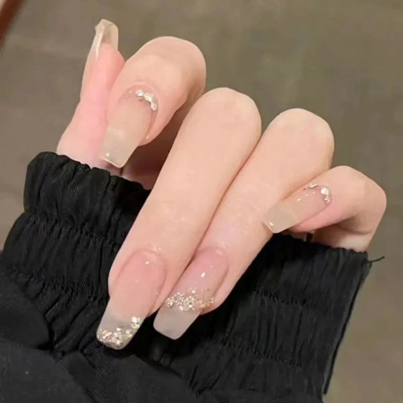 24Pcs/Box Gradient Color Artifical Press On Nails With Glue Long Coffin Fake Nails Lovely Girls Nail Art Ballerina False Nails