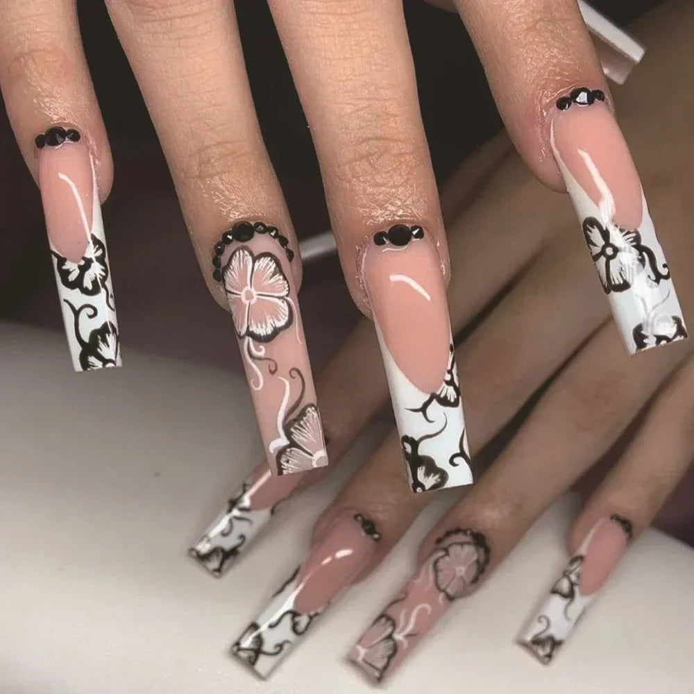 24Pc Press on Nails Long Pink French Fake Nails Press Ons Acrylic Black French Tip Nails Wearable Cute Y2k Full Cover False Nail