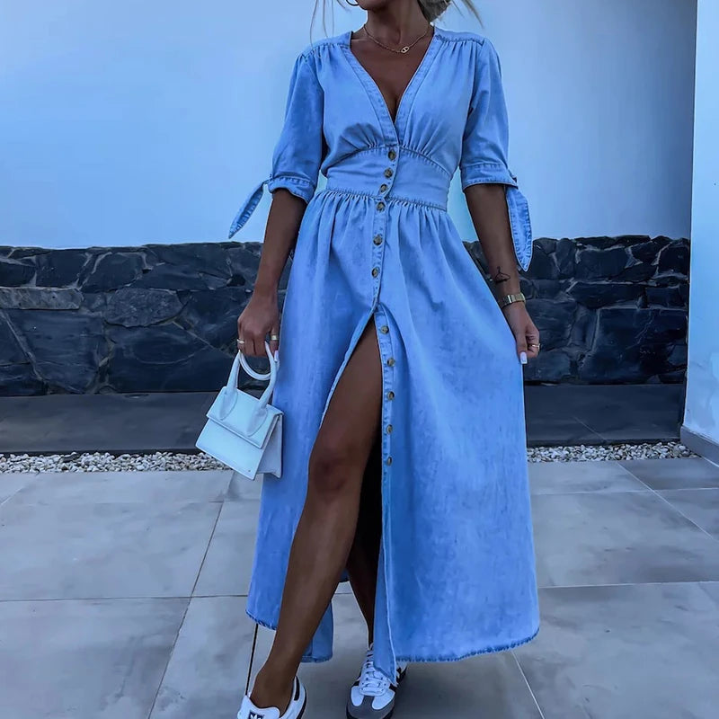 Female Solid Color V Neck Single Breasted Dress Elegant High Waist Denim Long Dress Summer Spring Half Sleeve Tie-up Shirt Dress