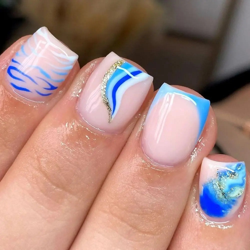 24Pcs Full Cover Press on Nails French False Nails Short Ballerina Fake Nails Detachable Lovely Stars Blue White Wavy Nail Tips