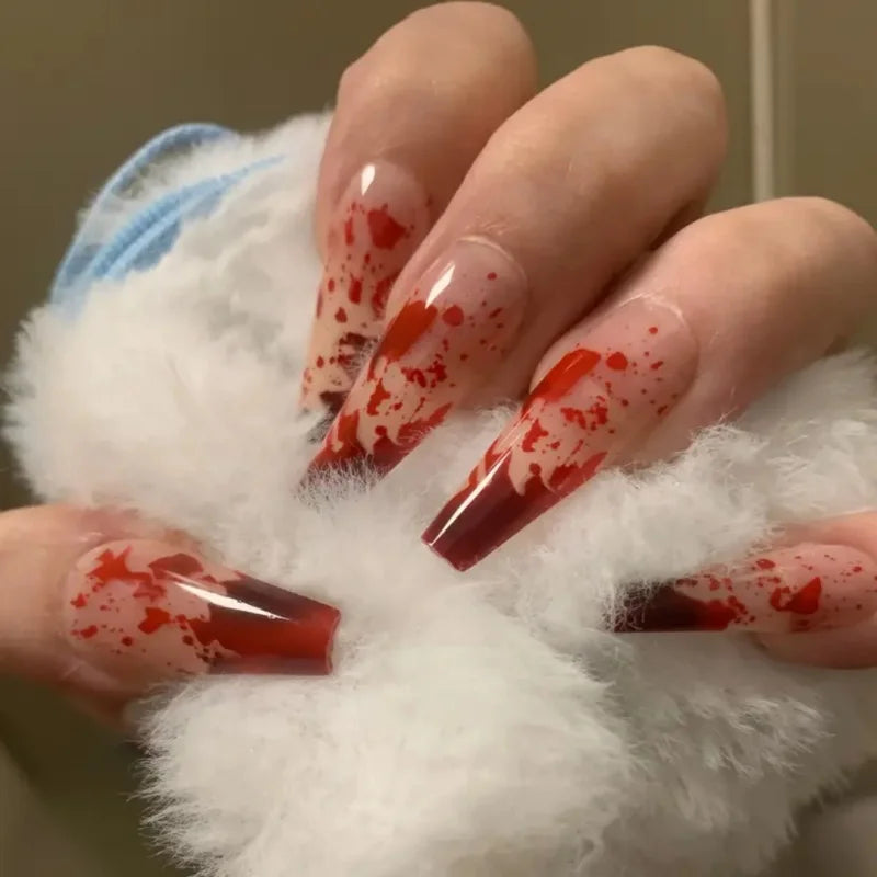 24Pcs Halloween Blood Press on Nails Set Long Coffin Glossy Acrylic Nail Tips Full Cover Ballerina False Nails for Women&Girls
