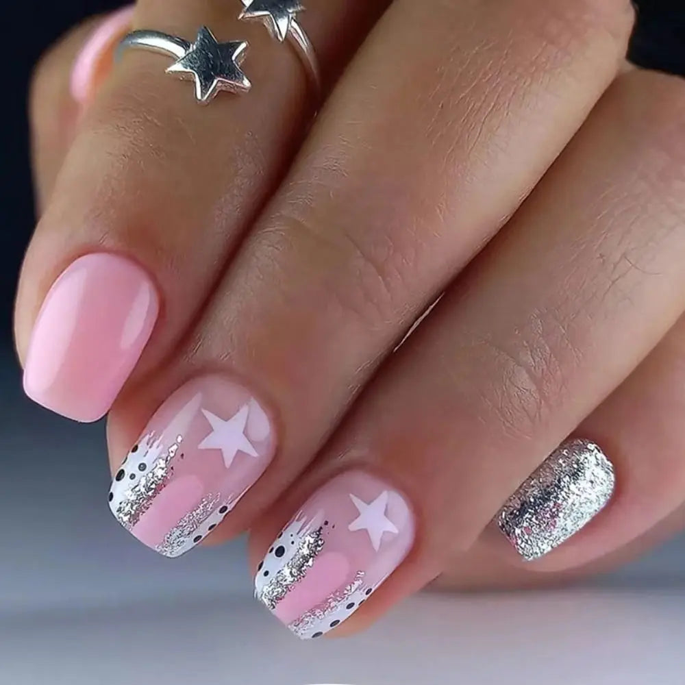 24Pcs Full Cover Press on Nails French False Nails Short Ballerina Fake Nails Detachable Lovely Stars Blue White Wavy Nail Tips