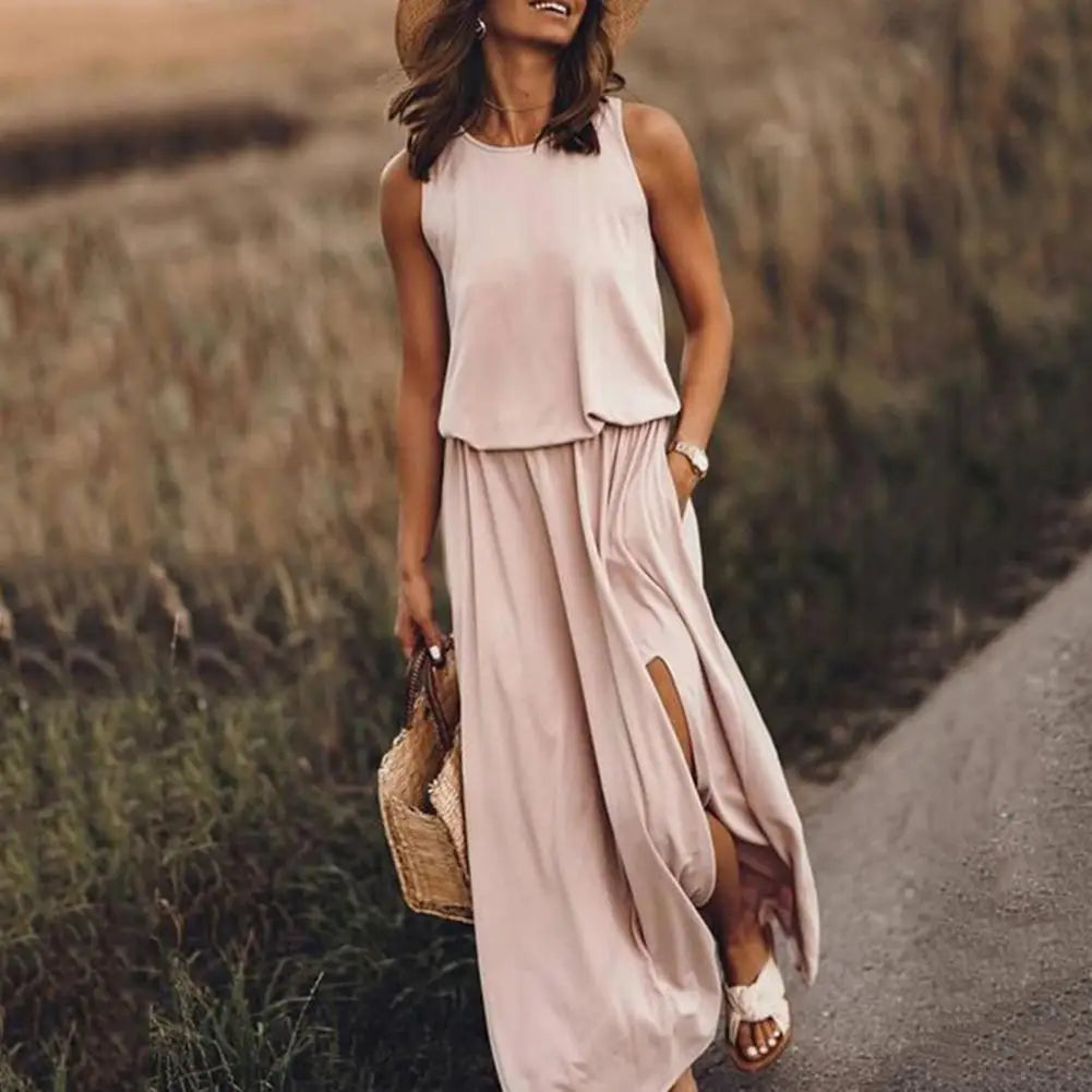 Long Dress Sleeveless Round Neck Solid Color Breathable Friendly to Skin Polyester Women Casual Maxi Dress Summer Sundress