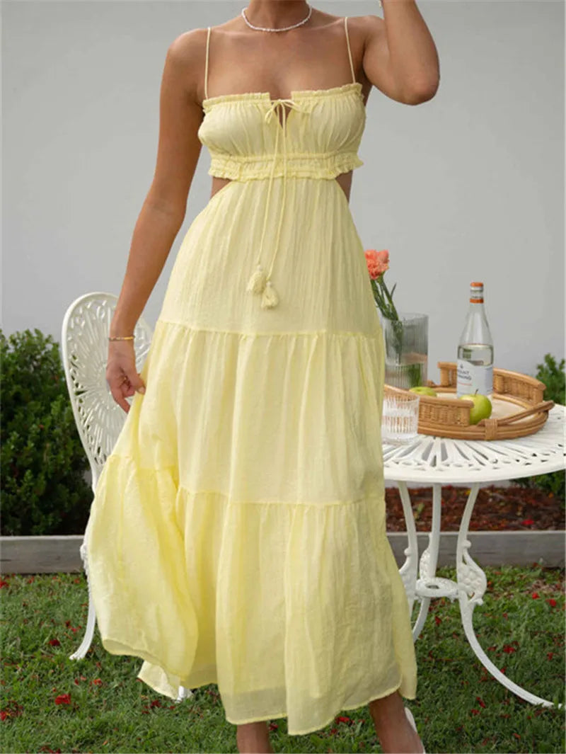 Hirigin Boho Women Summer Casual Long Dress Solid Color Tie-Up Sleeveless Backless Dress Fashion Party Sling Dress