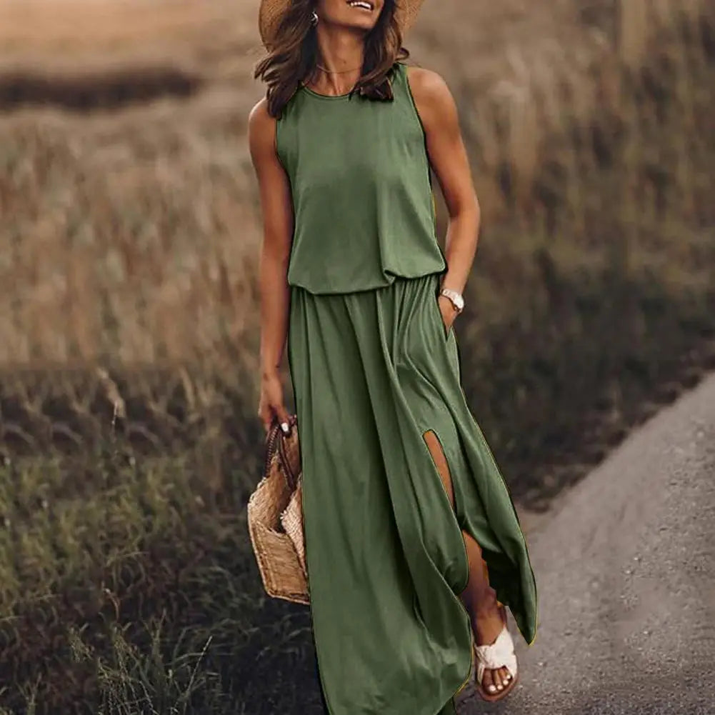 Long Dress Sleeveless Round Neck Solid Color Breathable Friendly to Skin Polyester Women Casual Maxi Dress Summer Sundress