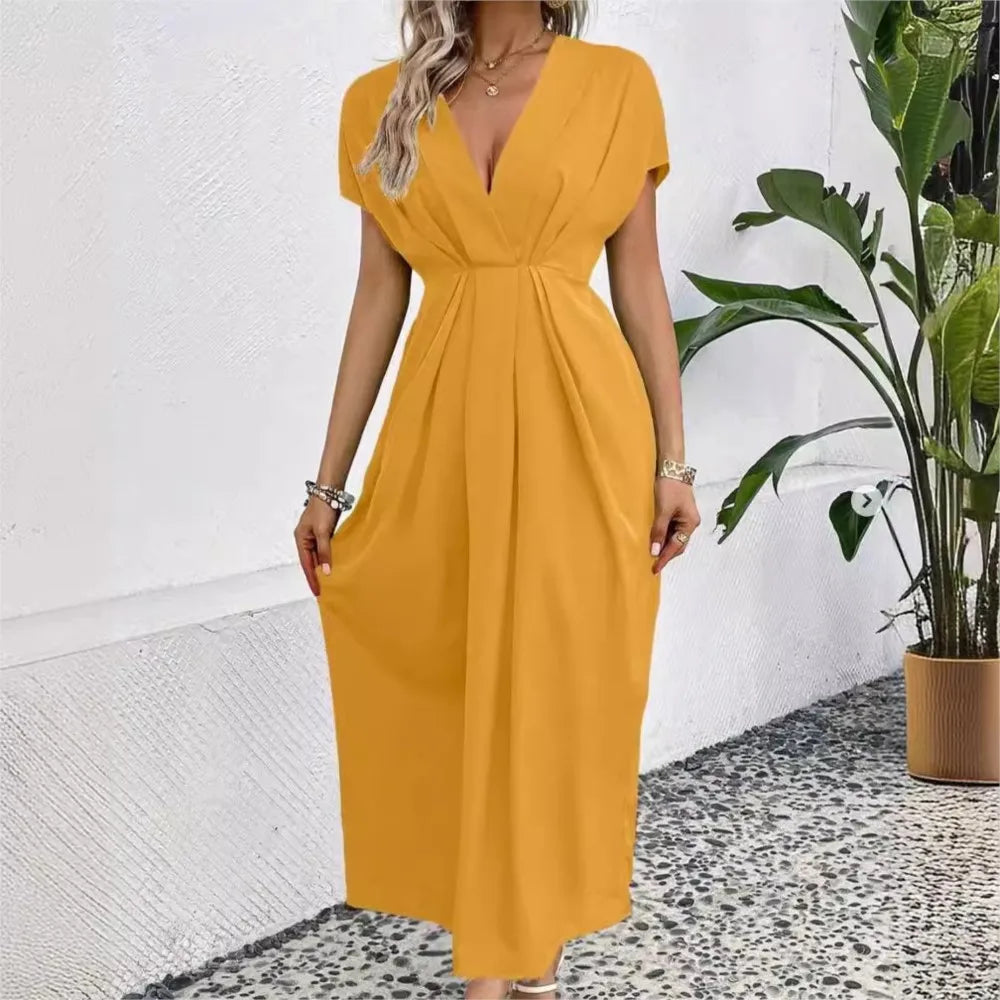 Fashionable High Waisted Elegant Party Dress 2024 Summer Solid Color Deep V-neck Pleated Elastic Long Dress Vestidos De Mujer