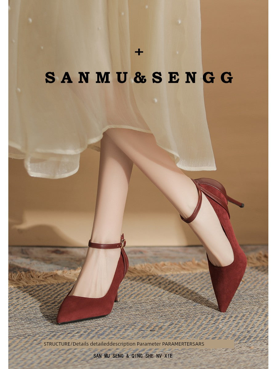Ankle-Strap High Heels Female Fall and Winter Fleece-lined 2025 New Arrival Flats Black Work Clothing Professional Stiletto Pointed-Toe Shoes