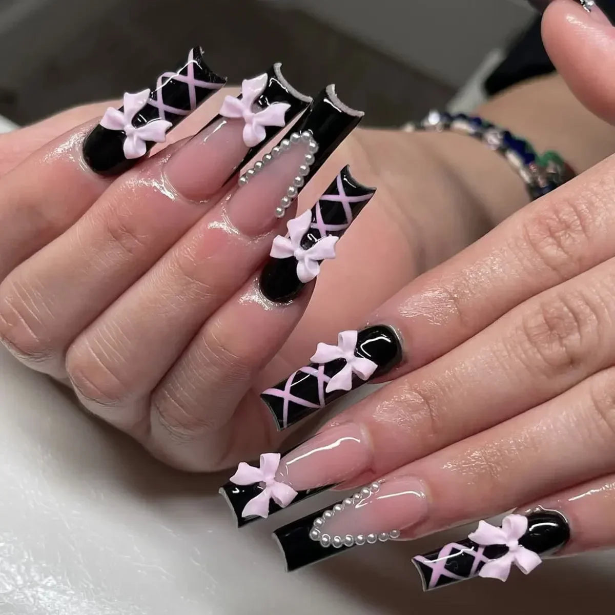 24Pc Press on Nails Long Pink French Fake Nails Press Ons Acrylic Black French Tip Nails Wearable Cute Y2k Full Cover False Nail