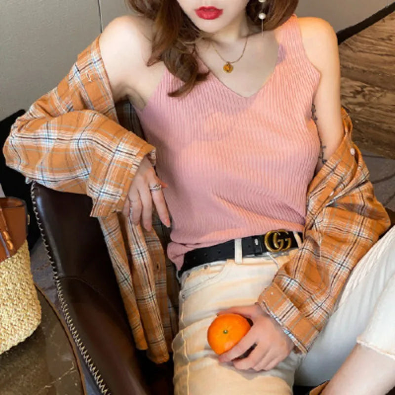 V-neck Knitted Ice Silk Sleeveless Top Thin Vest Knit Slim Fit Tank Top Sexy Female Camisole Women Clothing Spring Summer Fall
