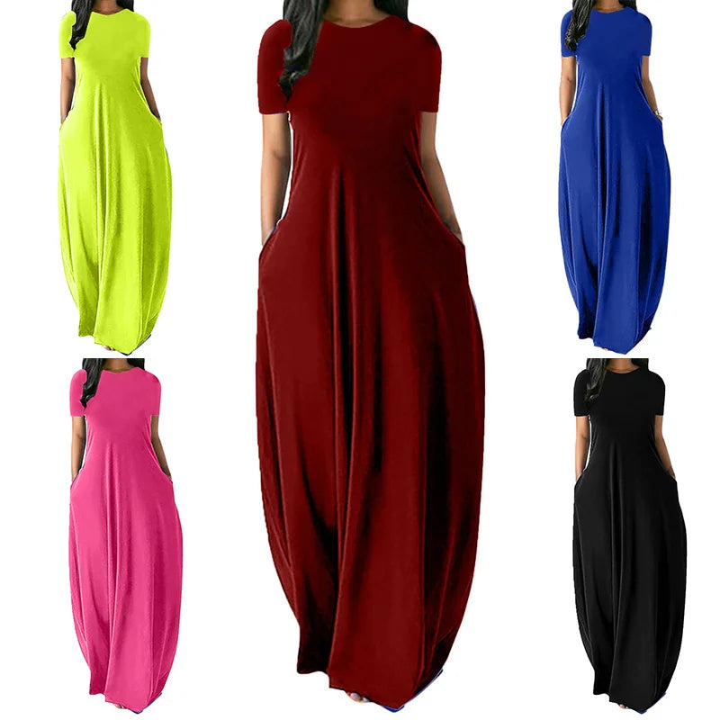Women’s Oversize Long Dress Casual Solid Color O-Neck Pockets Summer Dress Female Plus Size Short Sleeve High Waist Maxi Dresses