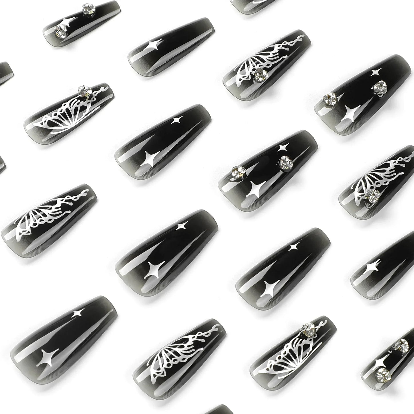 Silver Butterfly Shiny Rhinestone Wearable Translucent Black T-shaped Fake Nails Finished False Nails Press on Nails with Glue
