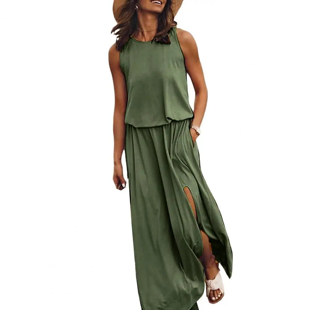 Long Dress Sleeveless Round Neck Solid Color Breathable Friendly to Skin Polyester Women Casual Maxi Dress Summer Sundress