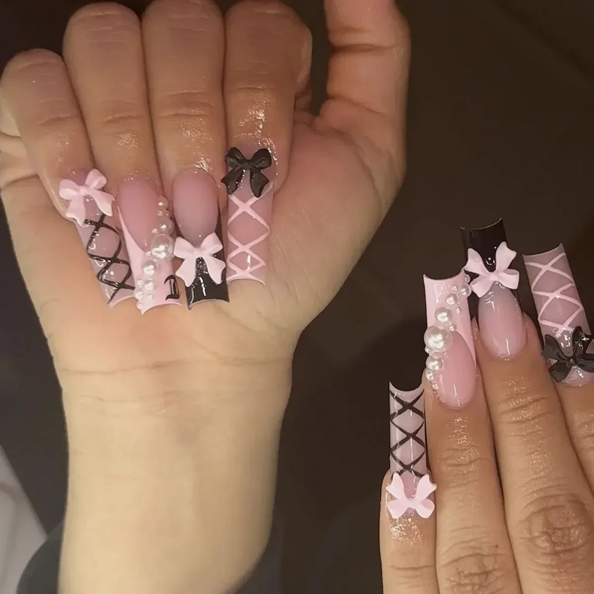 24Pc Press on Nails Long Pink French Fake Nails Press Ons Acrylic Black French Tip Nails Wearable Cute Y2k Full Cover False Nail