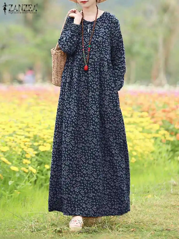 ZANZEABohemian Holiday Sundress Floral Printed Maxi Long Dress Women Summer O Neck Long Sleeve Dresses Vintage Robe Vestidos