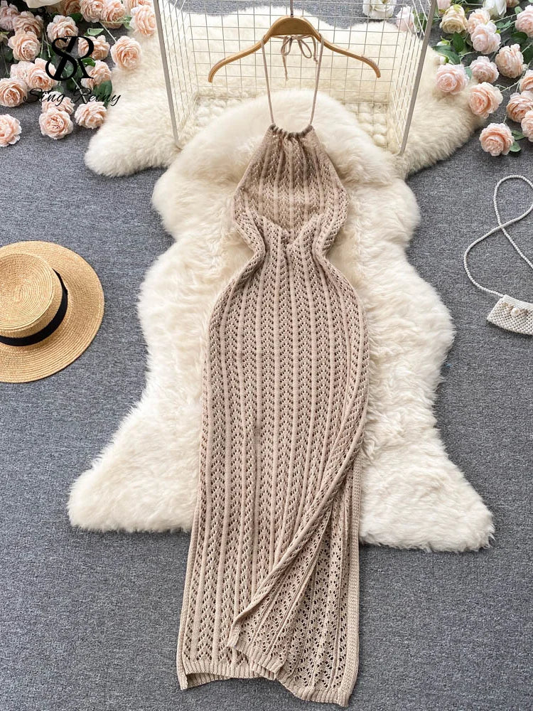 SINGREINY Sexy Backless Knitted Dress Women Halter Sleeveless Hollow Out Split Sundress Korean Vacation Knit Beach Long Dress