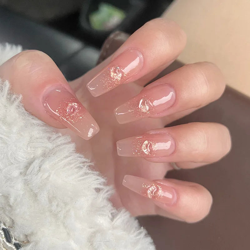 24Pcs/Box Gradient Color Artifical Press On Nails With Glue Long Coffin Fake Nails Lovely Girls Nail Art Ballerina False Nails