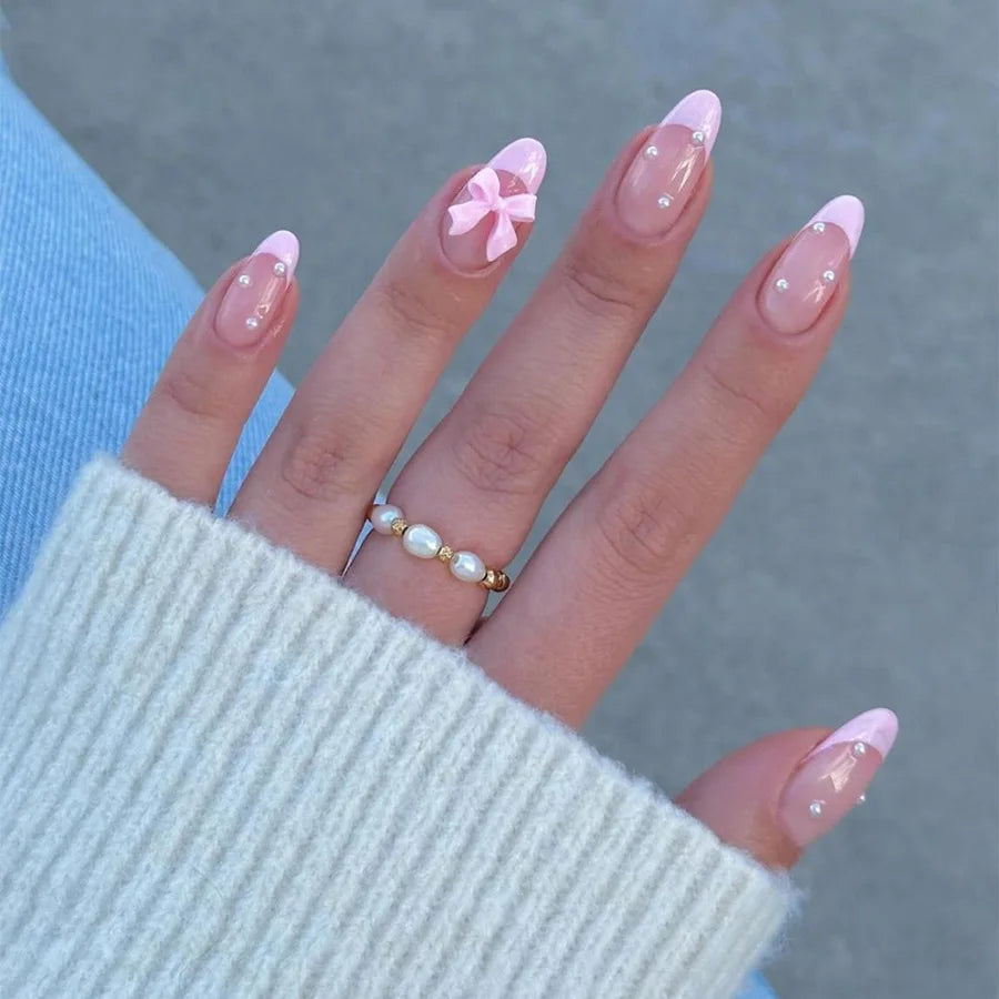 White Bow Decor Fake Nails Long Coffin Ballet False Nail Tips Full Cover Detachable French Pink Sweet Press on Nails for Women